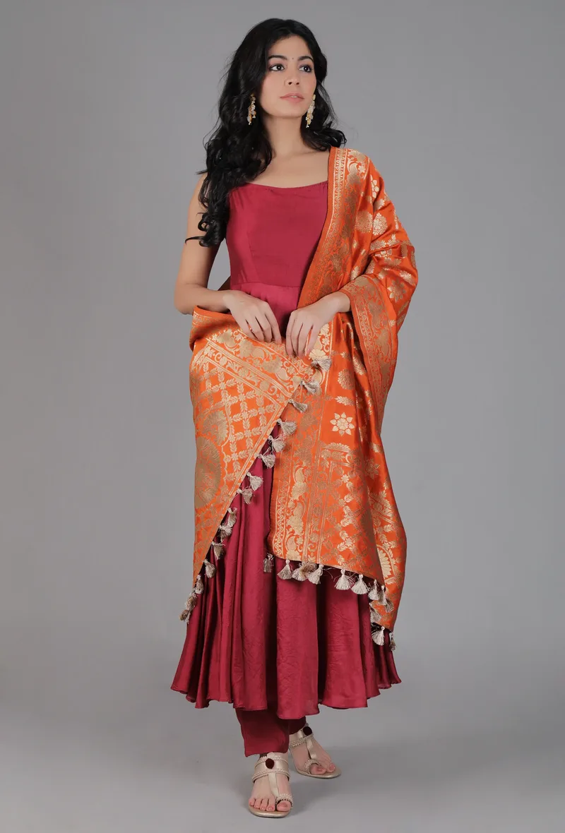 Red Orange Chanderi Brocade Dupatta