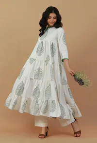 White Hand Block Printed Tiered Cotton Kurta image 1