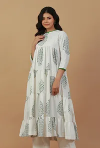 White Hand Block Printed Tiered Cotton Kurta image 2