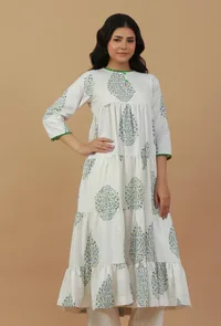 White Hand Block Printed Tiered Cotton Kurta image 3