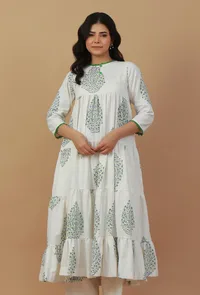 White Hand Block Printed Tiered Cotton Kurta image 4
