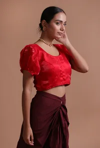 Red Color Organza Plain Blouse image 4