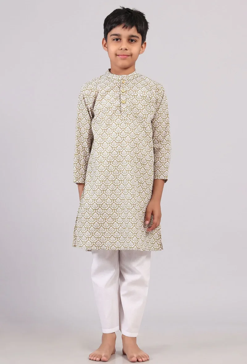 Set of 2: Mustard Beige Floral Hand Block Print Kurta Pyjama Set