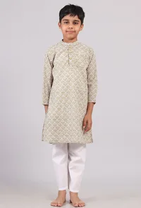 Set of 2: Mustard Beige Floral Hand Block Print Kurta Pyjama Set image 1