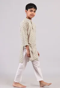 Set of 2: Mustard Beige Floral Hand Block Print Kurta Pyjama Set image 2