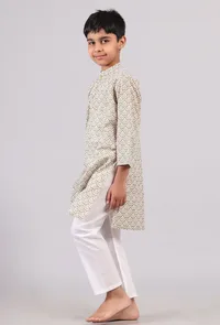 Set of 2: Mustard Beige Floral Hand Block Print Kurta Pyjama Set image 3