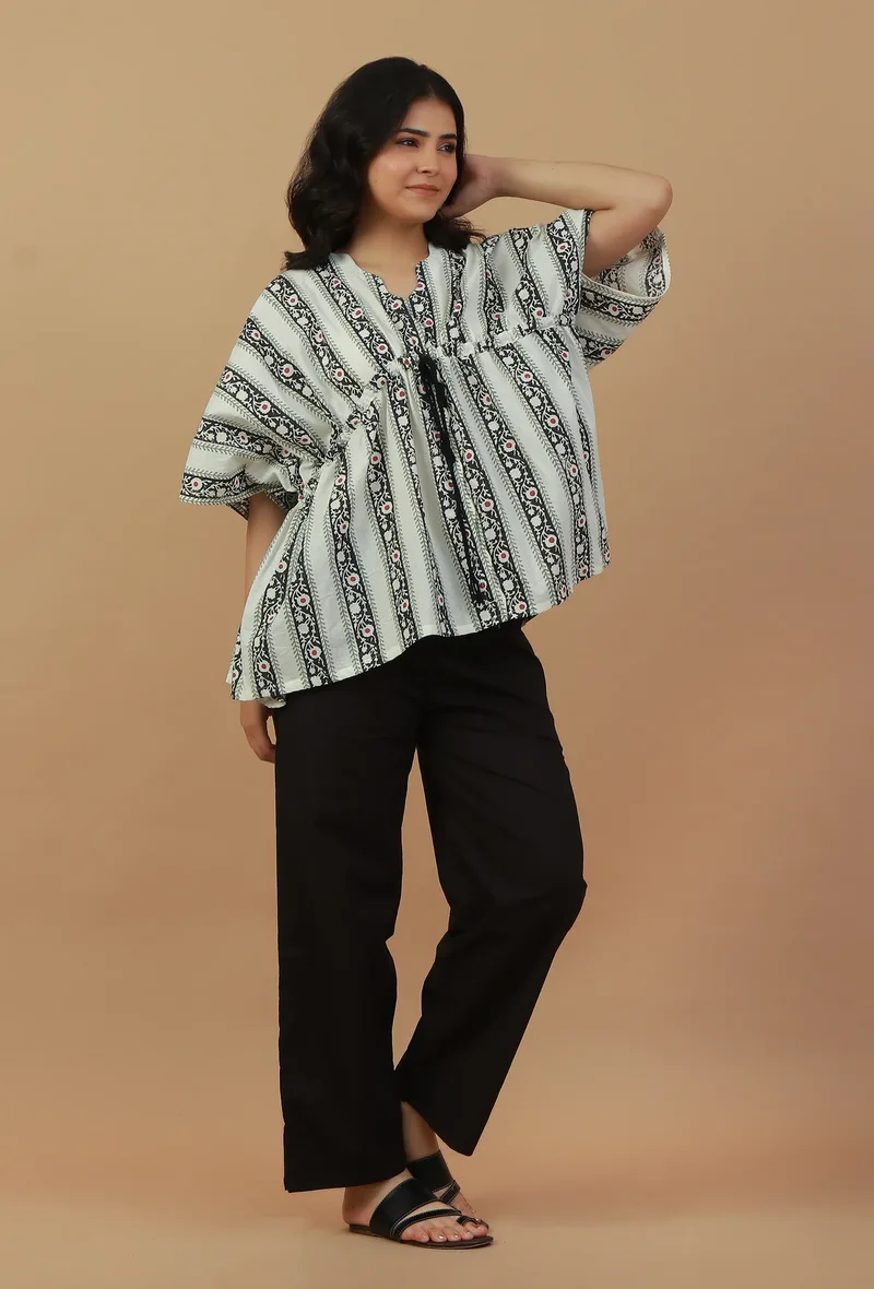 Set of 2: Printed Drawstring Kaftan Top with Solid Black Straight Pants