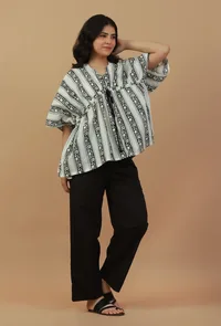 Set of 2: Printed Drawstring Kaftan Top with Solid Black Straight Pants image 1