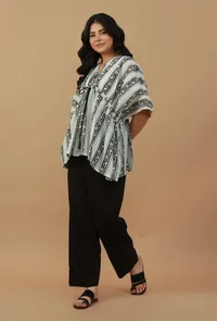 Set of 2: Printed Drawstring Kaftan Top with Solid Black Straight Pants image 2