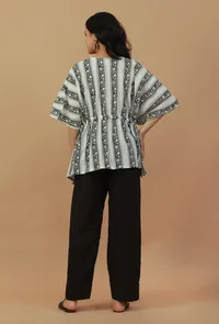 Set of 2: Printed Drawstring Kaftan Top with Solid Black Straight Pants image 3