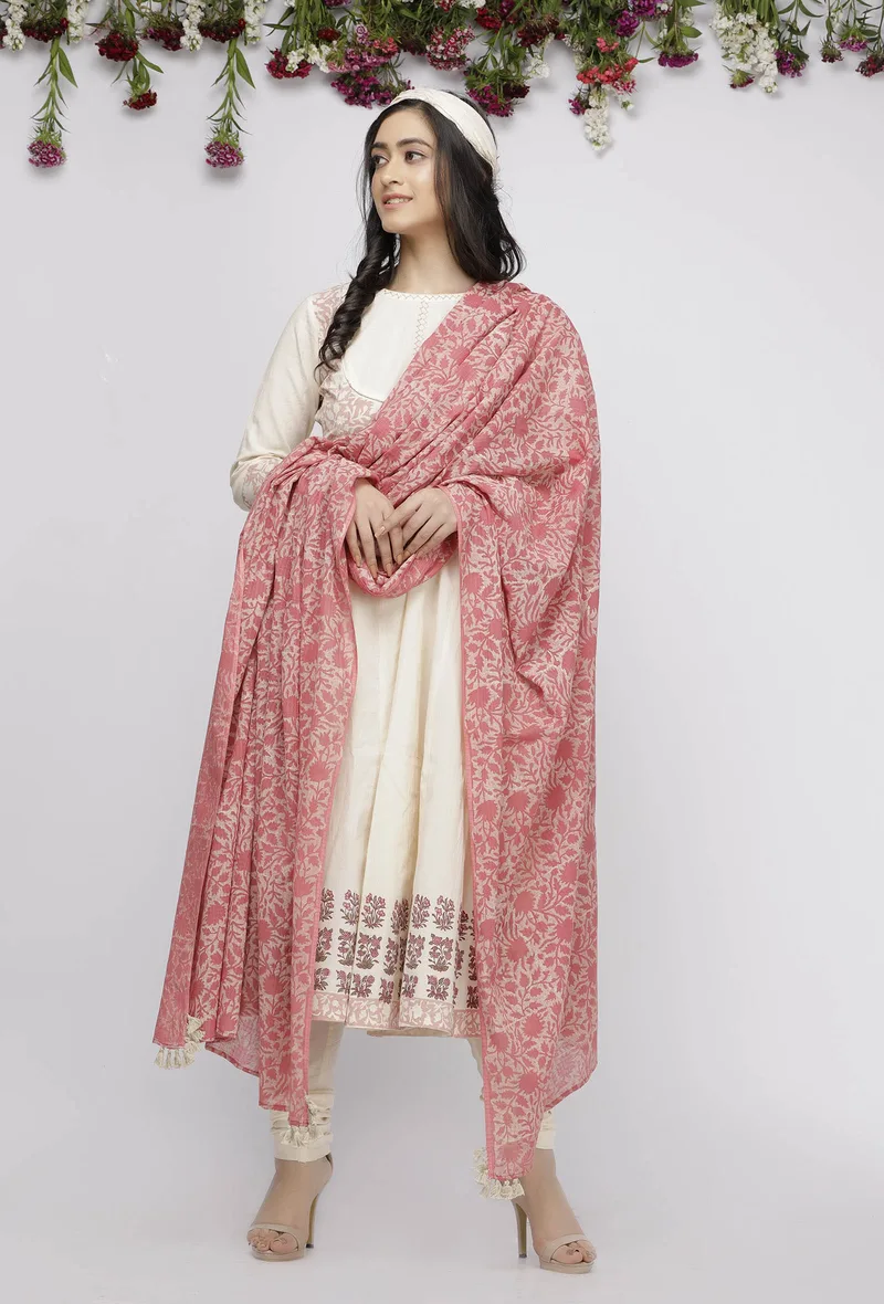 Peach Kota Hand-Block Printed Tasseled Dupatta