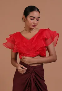Red Color Organza Plain Blouse image 1