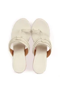 White and Pink Vegan Leather Kolhapuri Wedges image 1