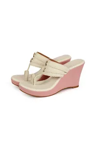 White and Pink Vegan Leather Kolhapuri Wedges image 2