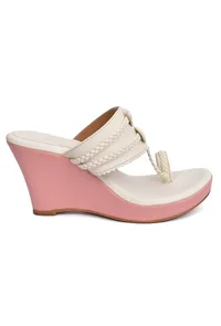White and Pink Vegan Leather Kolhapuri Wedges image 3