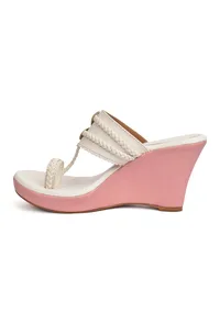 White and Pink Vegan Leather Kolhapuri Wedges image 4