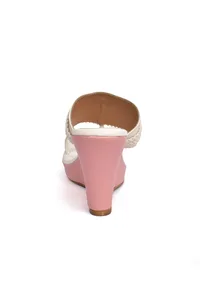White and Pink Vegan Leather Kolhapuri Wedges image 5