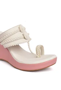 White and Pink Vegan Leather Kolhapuri Wedges image 6