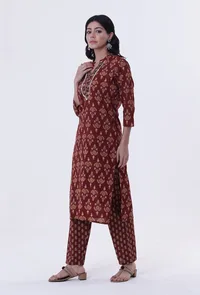 Set Of 2: Red & Multicolor Cotton Block Printed Kurta & Pant image 1