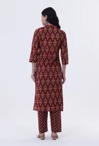 Set Of 2: Red & Multicolor Cotton Block Printed Kurta & Pant image 3
