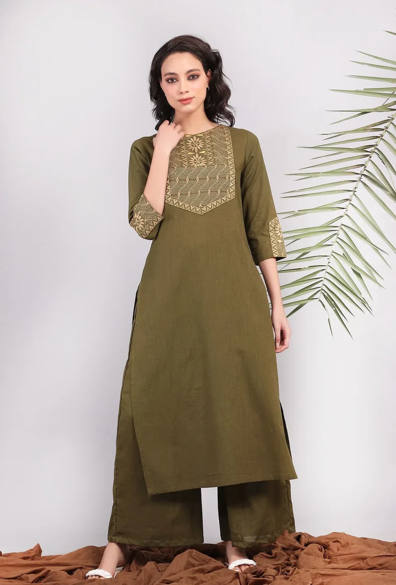 Set of 2: Olive Green Kantha Long Kurta with Solid Palazzo Pants