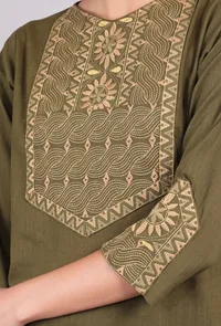 Set of 2: Olive Green Kantha Long Kurta with Solid Palazzo Pants image 5