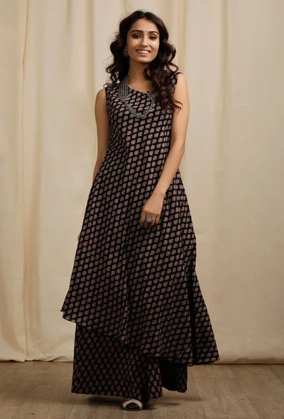 Set of 2:  Dark Brown Ajrakh Print Asymmetrical Kurta with Ajrakh Print Flared Pants