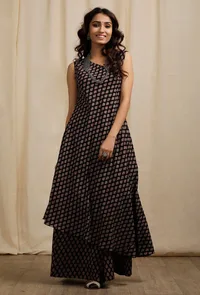 Set of 2:  Dark Brown Ajrakh Print Asymmetrical Kurta with Ajrakh Print Flared Pants image 1