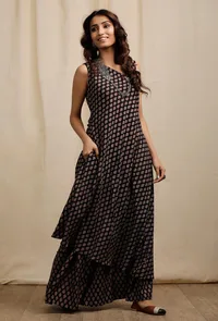 Set of 2:  Dark Brown Ajrakh Print Asymmetrical Kurta with Ajrakh Print Flared Pants image 2