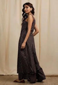 Set of 2:  Dark Brown Ajrakh Print Asymmetrical Kurta with Ajrakh Print Flared Pants image 3