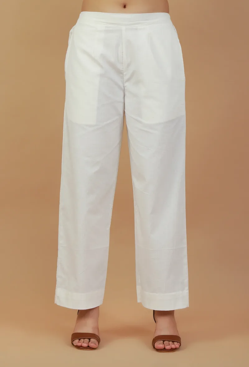 Solid White Straight Cotton Pants