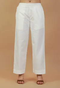 Solid White Straight Cotton Pants image 1