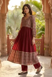 Red Cotton Flared Kurta with Baagh Block Print & Lace Details image 1