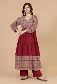 Red Cotton Flared Kurta with Baagh Block Print & Lace Details image 2
