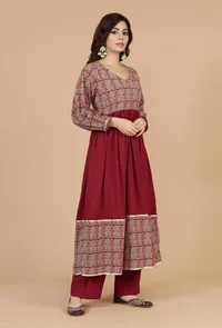 Red Cotton Flared Kurta with Baagh Block Print & Lace Details image 3