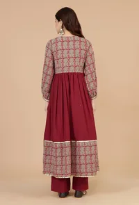 Red Cotton Flared Kurta with Baagh Block Print & Lace Details image 5