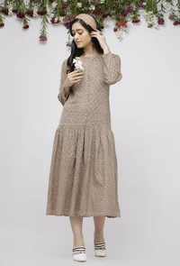 Beige Pleated Kota Hand-Block Printed Dress image 1