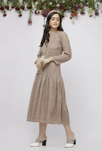 Beige Pleated Kota Hand-Block Printed Dress image 2