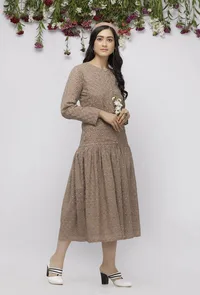 Beige Pleated Kota Hand-Block Printed Dress image 3