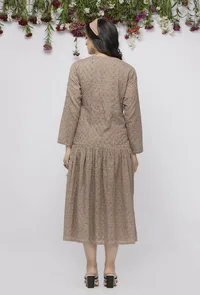 Beige Pleated Kota Hand-Block Printed Dress image 4
