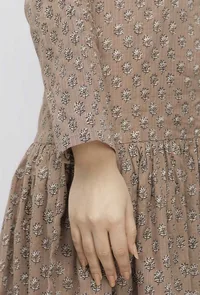 Beige Pleated Kota Hand-Block Printed Dress image 6