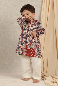 Set Of 2: Ranav Maroon & Beige Cream Kalamkari Printed Cotton Kurta & Off-white Pyjama image 1