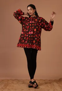 Black & Red Ari Embroidered Kani Short Jacket image 1