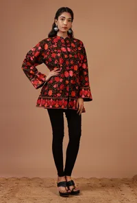 Black & Red Ari Embroidered Kani Short Jacket image 2