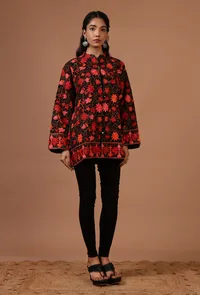Black & Red Ari Embroidered Kani Short Jacket image 4