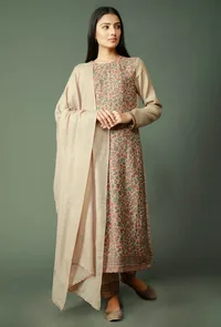 Set of 3: Beige kani kurta, shawl & pant image 1
