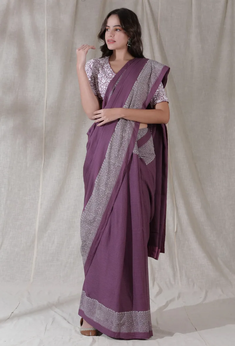 Cotton kota mauve color blockprinted border saree
