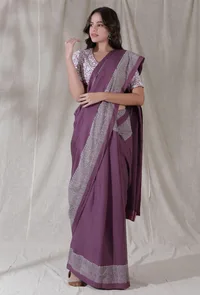 Cotton kota mauve color blockprinted border saree image 1