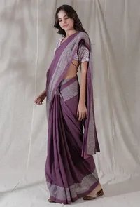 Cotton kota mauve color blockprinted border saree image 2