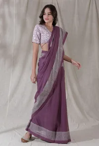 Cotton kota mauve color blockprinted border saree image 3